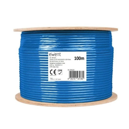 Cable de red Ewent IM1223 Cat6A 100m U/UTP Azul LSZH Eca PoE cobre sólido 500MHz