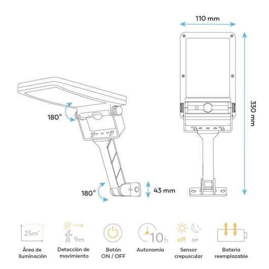 Aplique Solar Led Garza 4000k Para Exterior Con Sensor De Movimiento Y 3 Modos De Iluminación, Cobertura De 25m², Resist