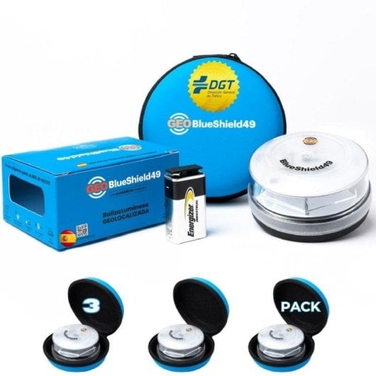 Kit de Emergencia Garza GeoBlueShield49: 3 Luces Homologadas DGT V16 3.0 con Batería Energizer 9V