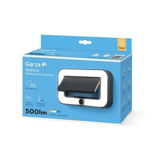 Aplique Solar Led Garza - Iluminación Exterior De 500lm Con Sensor De Movimiento Y 3 Modos, Ip54, 20 Horas De Autonomía,