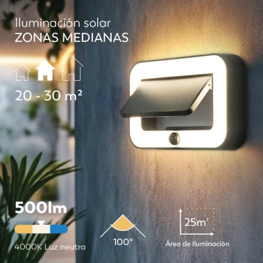 Aplique Solar Led Garza - Iluminación Exterior De 500lm Con Sensor De Movimiento Y 3 Modos, Ip54, 20 Horas De Autonomía,