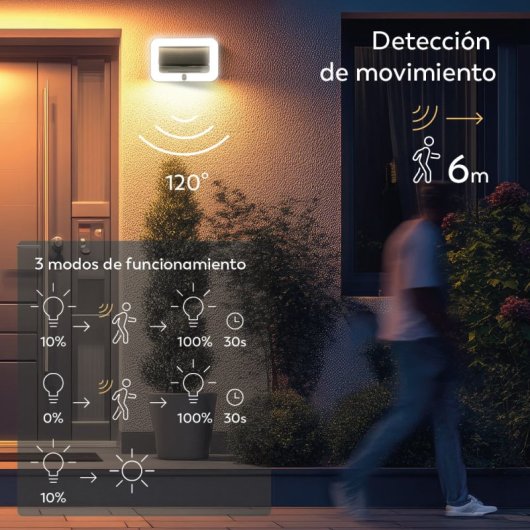 Aplique Solar Led Garza - Iluminación Exterior De 500lm Con Sensor De Movimiento Y 3 Modos, Ip54, 20 Horas De Autonomía,