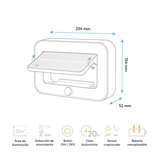 Aplique Solar Led Garza - Iluminación Exterior De 500lm Con Sensor De Movimiento Y 3 Modos, Ip54, 20 Horas De Autonomía,