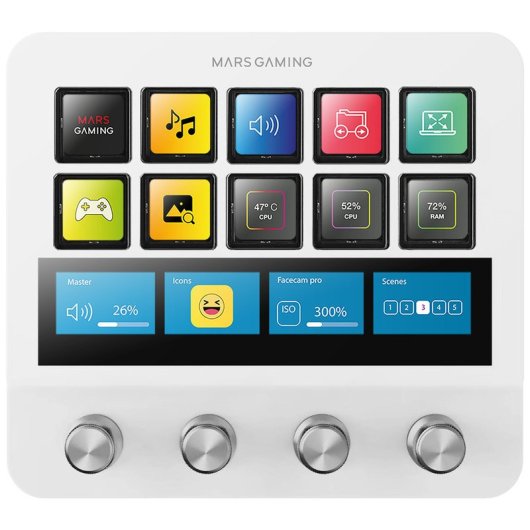 Mars Gaming MSD-PRO Deck de Controlo com 10 Teclas LCD, Painel Tátil, 4 Rodas e Animações Branco