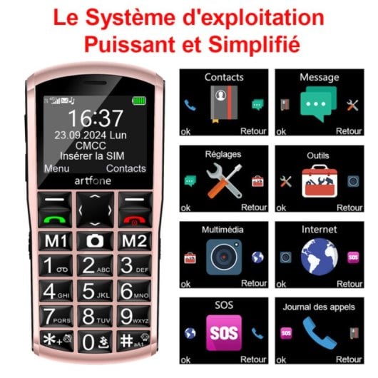 Téléphone portable Artfone A400 4G Basic pour seniors avec bouton SOS, blanc