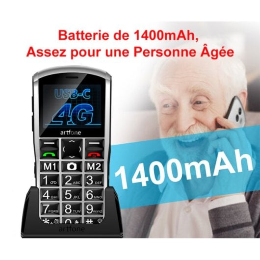 Téléphone portable Artfone A400 4G Basic pour seniors avec bouton SOS, blanc