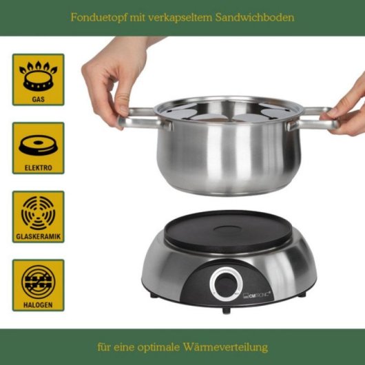 Fondue Set Clatronic FD 3783 Acier Inoxydable 1,2L 1400W pour 8 Personnes
