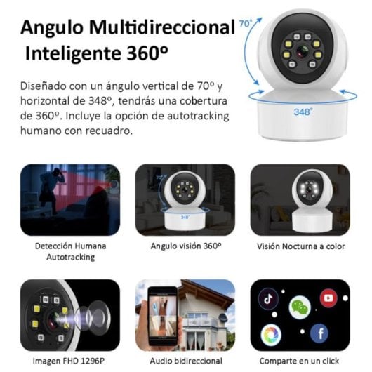 Cámara de Vigilancia DIYTECH WiFi Panorámica 1296P 3MP IA Visión Nocturna Audio 360°