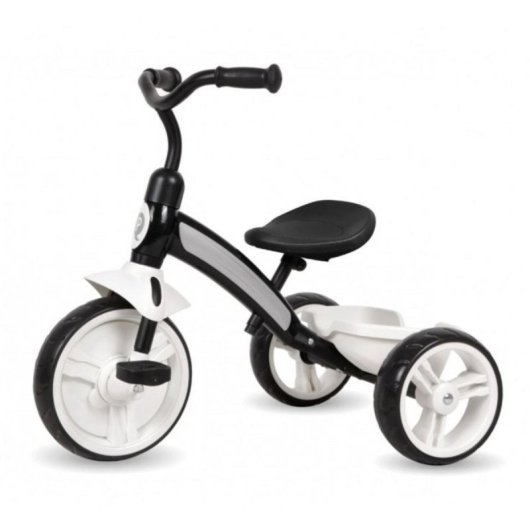 Triciclo QPlay Elite Plus Negro chasis de acero correa ajustable bandeja transporte asientos ergonómicos
