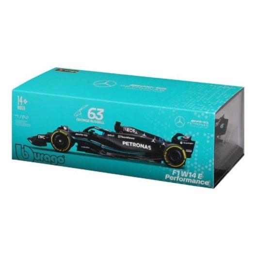 Voiture moulée sous pression Bburago Mercedes AMG W14 George Russell 63 à l'échelle 1/24 avec des détails réalistes