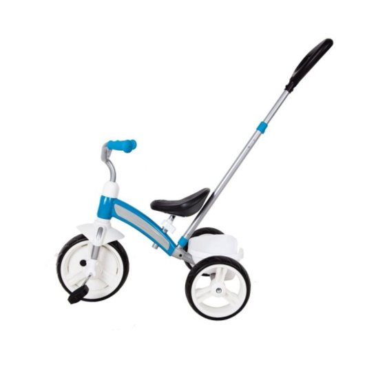 QPlay Elite Plus Blaues Dreirad, Stahlrahmen, Schiebestange, verstellbarer Gurt