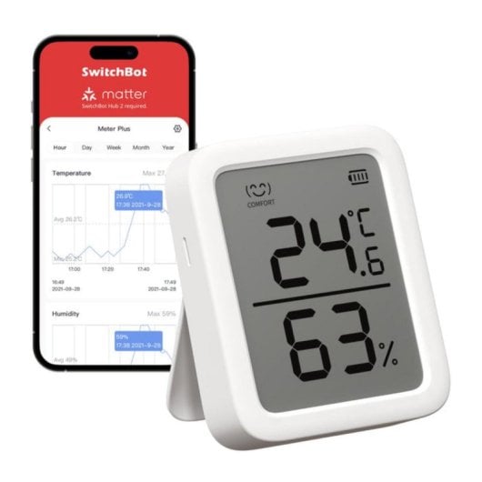 Temperatur- und Luftfeuchtigkeitssensor SwitchBot Meter Plus Innenbereich - Präzision 0,2 °C, kabellos, AAA Batteriebetrieb