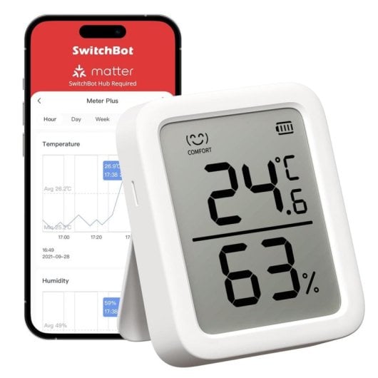 Temperatur- und Luftfeuchtigkeitssensor SwitchBot Meter Plus Innenbereich - Präzision 0,2 °C, kabellos, AAA Batteriebetrieb