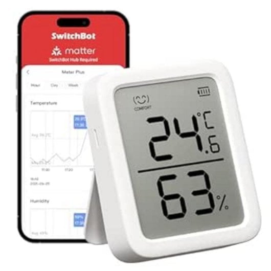 Temperatur- und Luftfeuchtigkeitssensor SwitchBot Meter Plus Innenbereich - Präzision 0,2 °C, kabellos, AAA Batteriebetrieb