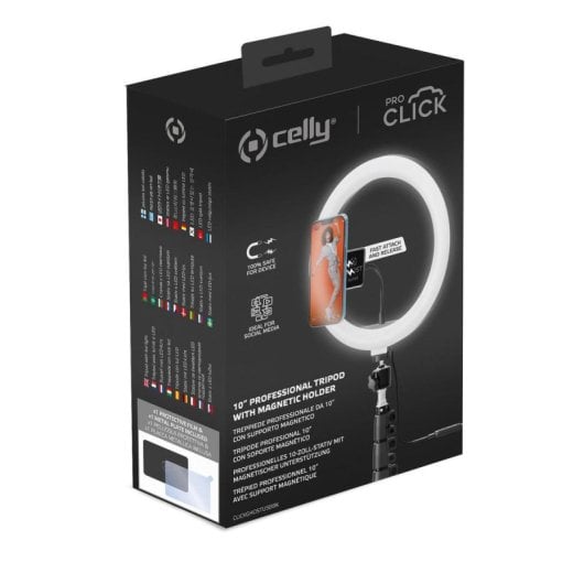 Trípode Celly CLICKGHOSTUSB Aro de Luz Regulable 190cm Imán Magnético USB 1,14kg Negro