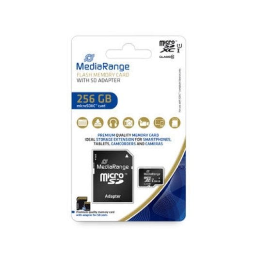 Tarjeta MicroSD MediaRange MR946 256GB UHS-I Clase 10 U1 Adaptador SD 80MB/s Negro