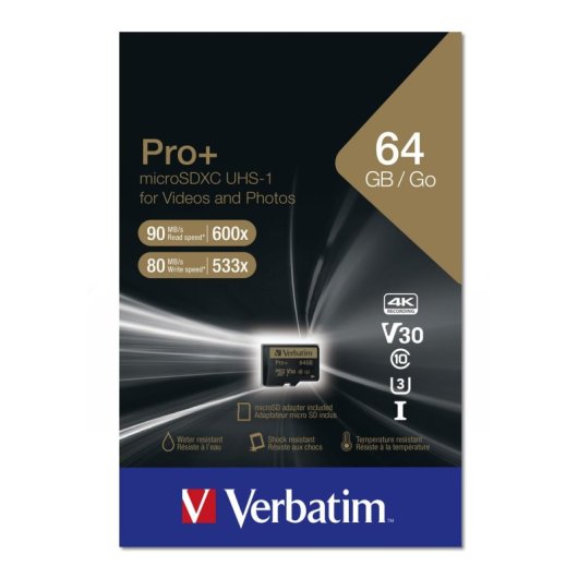 Verbatim Pro+ microSDHC 64GB Clase 10 UHS-3 MLC 90MB/s con adaptador resistente agua/golpes