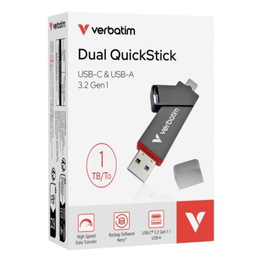 Unidad SSD Externa Verbatim Dual QuickStick 1TB USB 3.2 Gen1 550MB/s Gris Zinc