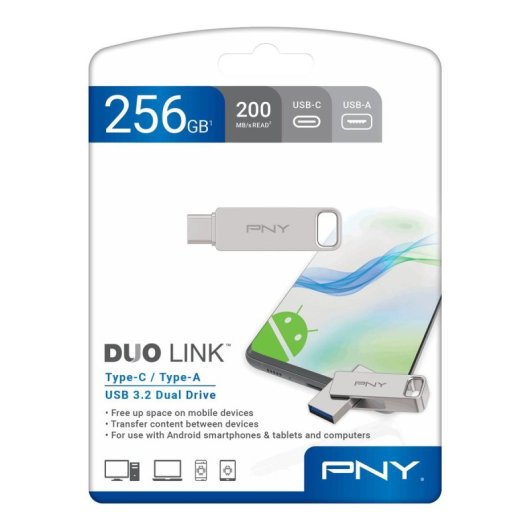 USB-Stick PNY DUO LINK 256 GB USB Type-A / Type-C 3.2 Gen 1 200 MB/s USB-Stick PNY DUO LINK 256 GB USB Type-A / Type-C 3.2 Gen 1 200 MB/s