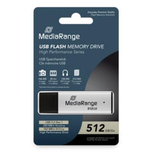 MediaRange MR1904 Clé USB 512 Go USB-A 3.2 Gen 1 250 MB/s - Noir, Argent
