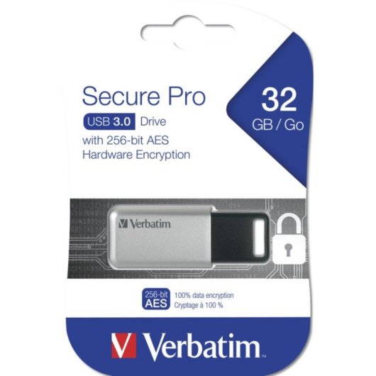 Pendrive Verbatim Store 'n' Go Secure Pro 32GB Plata, USB 3.2 Gen 1, Cifrado AES 256-bit
