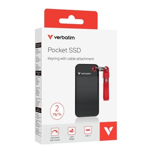 SSD externo Verbatim Pocket 2TB M.2 USB Tipo C 3.2 Gen 2 1000MB/s Negro Rojo