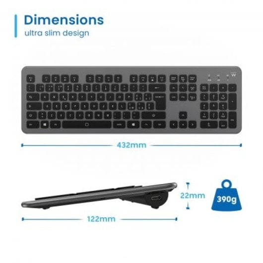 Clavier Ewent EW3296 Slim Sans Fil Rétroéclairé Bluetooth QWERTY