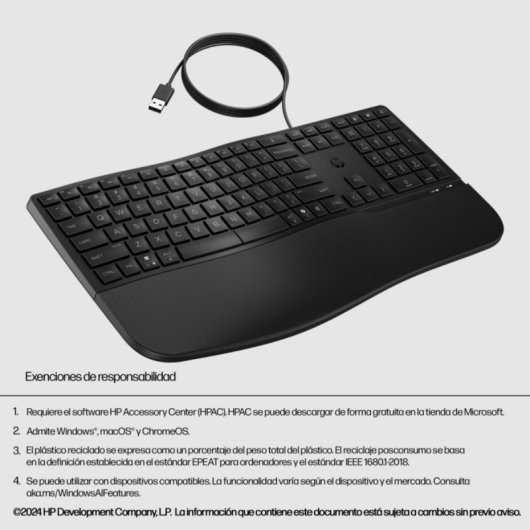 HP 485 Comfort Teclado USB Membrana com Apoio para Pulsos e Resistência a Derrames Preto