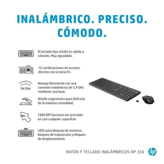 Teclado y Ratón Inalámbrico HP 330 Completo 2.4GHz Negro USB AAA Chiclet Ambidiestro