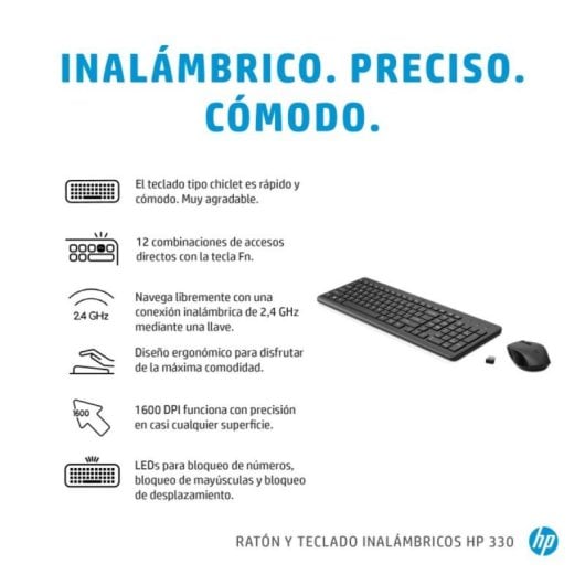 Teclado y Ratón Inalámbrico HP 330 Completo 2.4GHz Negro USB AAA Chiclet Ambidiestro