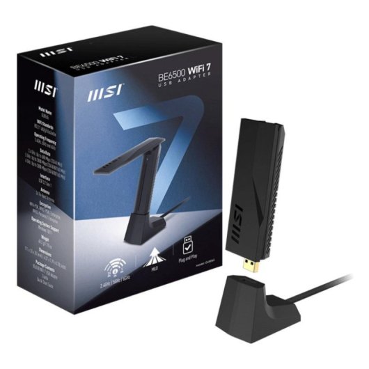 Adaptador WiFi MSI BE6500 USB 3.2 WiFi 7 2880Mbps 6GHz Antena Alta Ganancia Negro