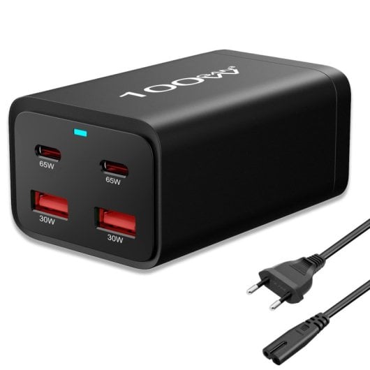 Chargeur PCCom Essential GaN3 : 2 ports USB-C 100 W + charge rapide, 2 ports USB-A 3.0