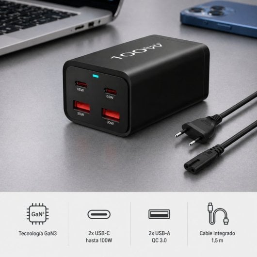 Caricabatterie PcCom Essential GaN3 2x USB-C 100W + ricarica rapida 2x USB-A 3.0