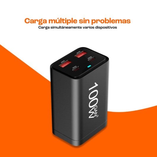 Chargeur PCCom Essential GaN3 : 2 ports USB-C 100 W + charge rapide, 2 ports USB-A 3.0