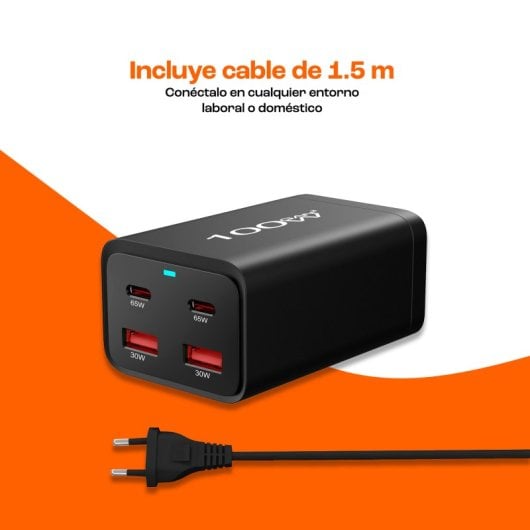 Chargeur PCCom Essential GaN3 : 2 ports USB-C 100 W + charge rapide, 2 ports USB-A 3.0