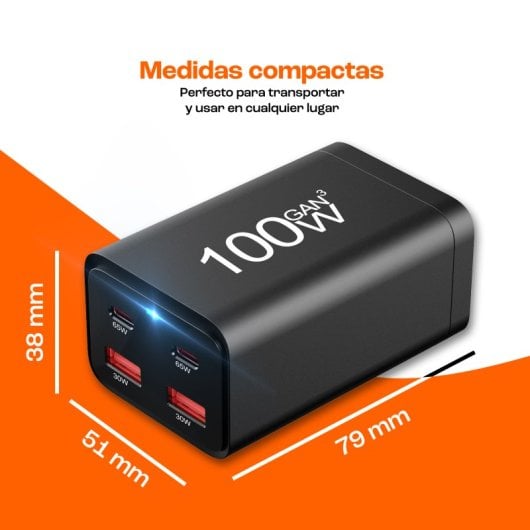 Chargeur PCCom Essential GaN3 : 2 ports USB-C 100 W + charge rapide, 2 ports USB-A 3.0