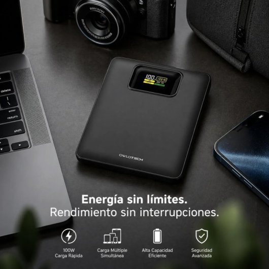 Bateria externa Owlotech Kireon 100W 20000mAh com carregamento rápido USB-C para portáteis, preta.