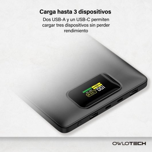Bateria externa Owlotech Kireon 100W 20000mAh com carregamento rápido USB-C para portáteis, preta.