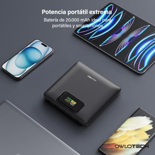 Bateria externa Owlotech Kireon 100W 20000mAh com carregamento rápido USB-C para portáteis, preta.