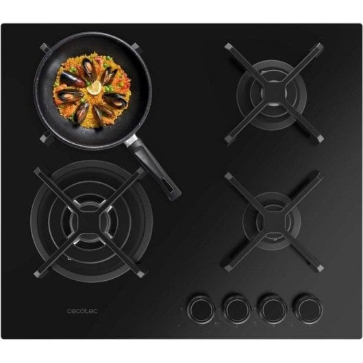 Placa de gas Cecotec Bolero Squad G 4400S 4 Fuegos 8kW Nano Glass Parrillas Hierro Fundido WOK