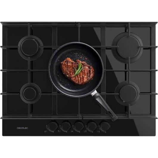 Placa de Gas Cecotec Bolero Squad G 5400F 5 Fuegos 10,4kW Glass Black Hierro Fundido WOK