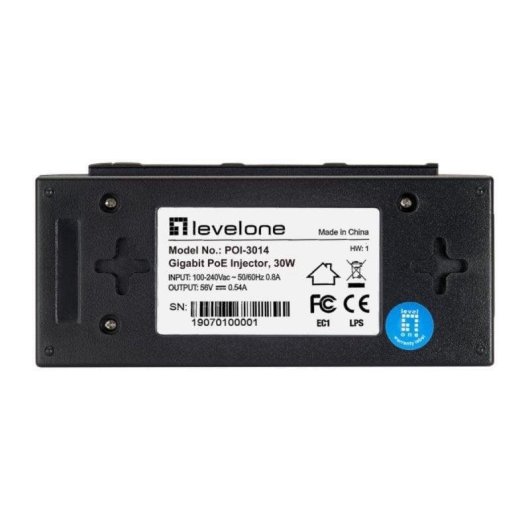 Iniettore PoE LevelOne POI-3014 Gigabit 30W 52V 2 Porte Montaggio Parete Nero