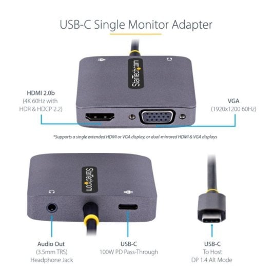 Adaptateur USB C StarTech Multimédia HDMI VGA Audio 4K 60Hz 100W PD