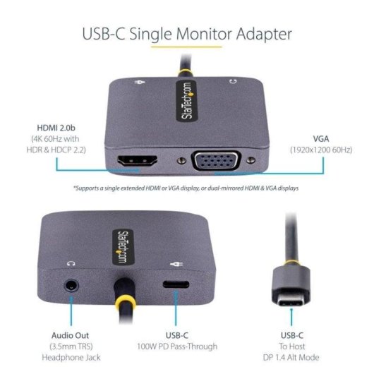 Adaptador USB-C Multipuerto StarTech HDMI VGA Audio 4K60Hz PD 100W Gris
