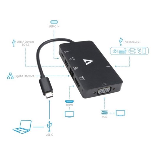 Adaptateur USB-C V7 V7UC-U3CRJ45HDVG-BLK HDMI 3840 x 2160 2 Ports USB 3.0
