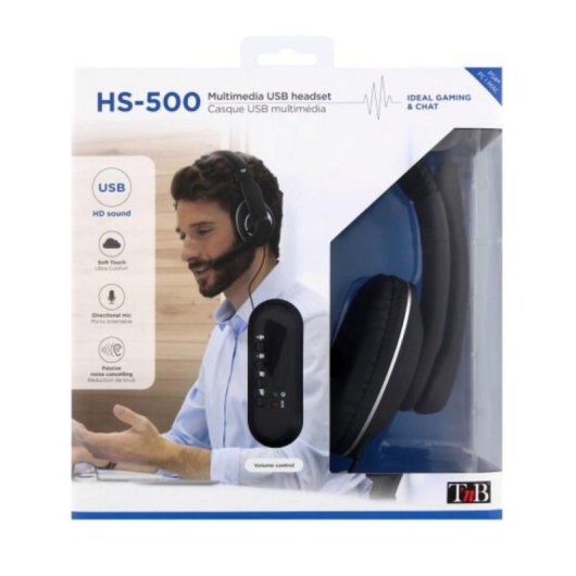 Auricular T'nB HS-500 USB Circumaural Binaural con Micrófono Integrado Control Volumen/Mutear 2m 215g Negro