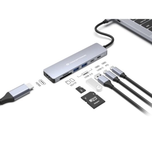 Hub USB Conceptronic DONN28G Gris 5 Gbit/s 100W 4K Ultra HD Type-C/2xUSB-A/3xUSB-C/HDMI/Lector SD/MicroSD