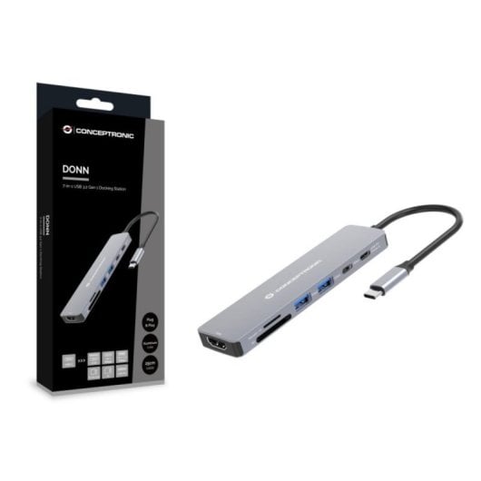 Hub USB Conceptronic DONN28G Gris 5 Gbit/s 100W 4K Ultra HD Type-C/2xUSB-A/3xUSB-C/HDMI/Lector SD/MicroSD