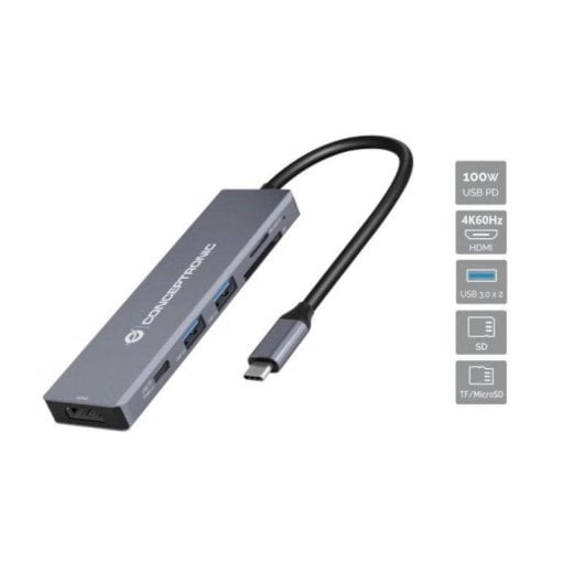 Hub USB-C Conceptronic DONN23G 4K Ultra HD 2x USB-A HDMI SD/TF 100W Gris