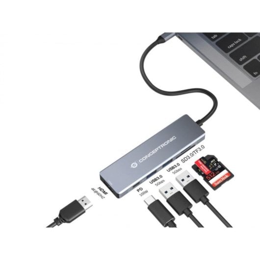 Hub USB-C Conceptronic DONN23G 4K Ultra HD Gris 2x USB-A HDMI Lector SD/TF 100W Power Delivery
